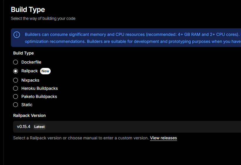 Elegir el Build Type de Railpack