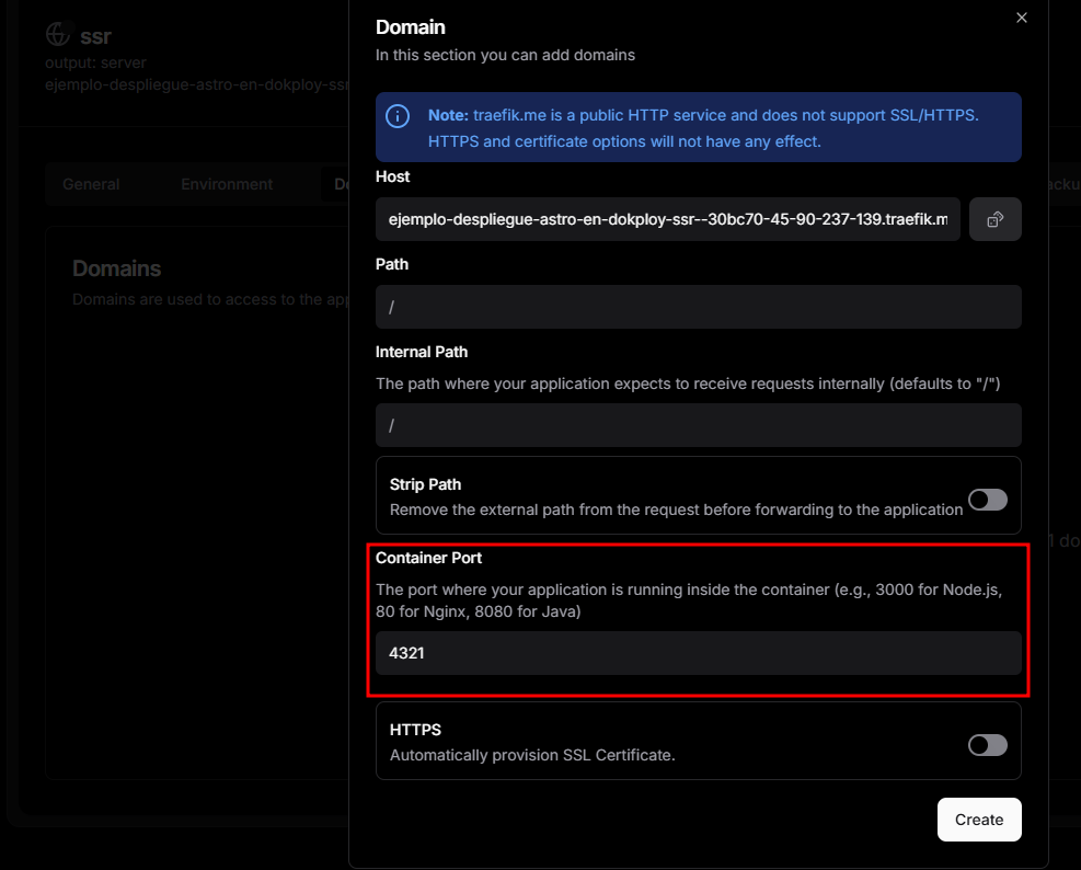 Puerto por defecto de Dokploy cambiado al que usa Astro SSR