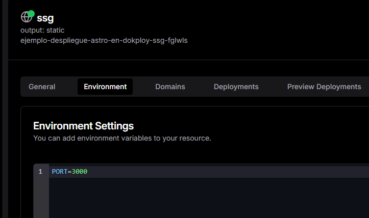 Puerto por defecto de Dokploy configurado en las variables de entorno para forzar a Astro SSG a usarlo