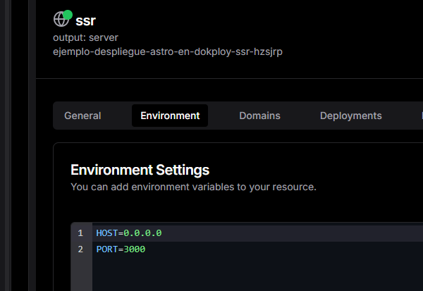 Puerto por defecto de Dokploy configurado en las variables de entorno para forzar a Astro SSR a usarlo