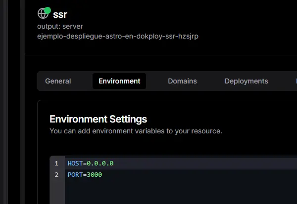 Puerto por defecto de Dokploy configurado en las variables de entorno para forzar a Astro SSR a usarlo
